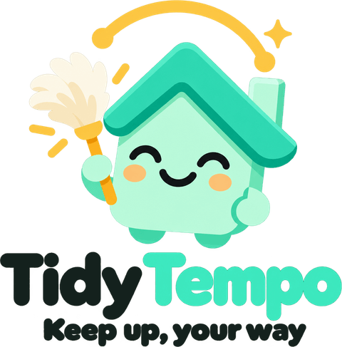 Tidy Tempo logo: a smiling house with a feather duster, above the tagline “Keep up, your way”.